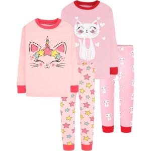 DAUGHTER QUEEN Girls 4 Pieces Cotton Pajamas Size 18 Months-12 Years(4pcs-pink-cat-lga23)