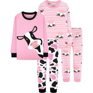 DAUGHTER QUEEN Girls 4 Pieces Cotton Pajamas Size 18 Months-12 Years(4pcs-pink-cow-lga24)