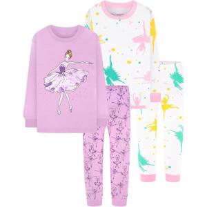 DAUGHTER QUEEN Girls 4 Pieces Cotton Pajamas Size 18 Months-12 Years(4pcs-purple/White-ballerina-lgb24)