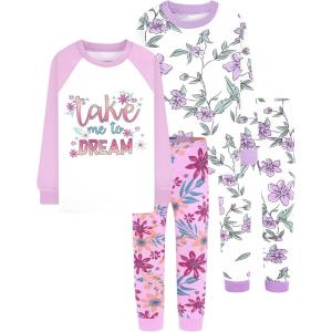 DAUGHTER QUEEN Girls 4 Pieces Cotton Pajamas Size 18 Months-12 Years(4pcs-purple-flower-lga24)