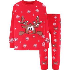 DAUGHTER QUEEN Girls 4 Pieces Cotton Pajamas Size 18 Months-12 Years(Deer/Red-a22)