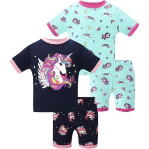 DAUGHTER QUEEN Girls Summer Pajamas Set 4 Pieces 100% Cotton Sleepwear Size 18 Months-12 Years(4pcs-blue/Navy-unicorn-sga25)