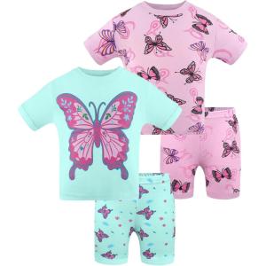DAUGHTER QUEEN Girls Summer Pajamas Set 4 Pieces 100% Cotton Sleepwear Size 18 Months-12 Years(4pcs-blue/Purple-butterfly-sga25)