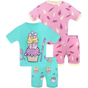 DAUGHTER QUEEN Girls Summer Pajamas Set 4 Pieces 100% Cotton Sleepwear Size 18 Months-12 Years(4pcs-mint Green/Pink-cupcake-sga25)