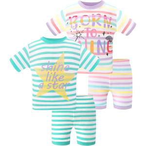 DAUGHTER QUEEN Girls Summer Pajamas Set 4 Pieces 100% Cotton Sleepwear Size 18 Months-12 Years(4pcs-multicolor-striped-sga25)