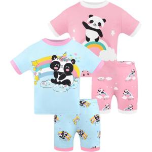 DAUGHTER QUEEN Girls Summer Pajamas Set 4 Pieces 100% Cotton Sleepwear Size 18 Months-12 Years(4pcs-pink/Blue-panda-sga25)
