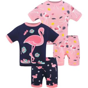 DAUGHTER QUEEN Girls Summer Pajamas Set 4 Pieces 100% Cotton Sleepwear Size 18 Months-12 Years(4pcs-pink/Navy-flamingo-sga25)