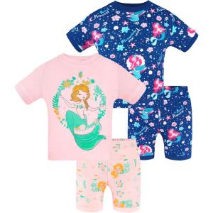 DAUGHTER QUEEN Girls Summer Pajamas Set 4 Pieces 100% Cotton Sleepwear Size 18 Months-12 Years(4pcs-pink/Navy-mermaid-sga24)