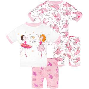 DAUGHTER QUEEN Girls Summer Pajamas Set 4 Pieces 100% Cotton Sleepwear Size 18 Months-12 Years(4pcs-pink/White-ballerina-sga24)