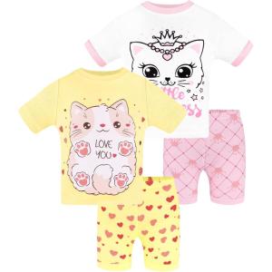 DAUGHTER QUEEN Girls Summer Pajamas Set 4 Pieces 100% Cotton Sleepwear Size 18 Months-12 Years(4pcs-pink/Yellow-cat-sga24)