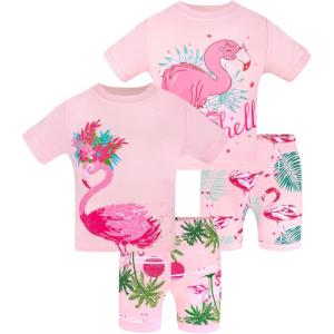 DAUGHTER QUEEN Girls Summer Pajamas Set 4 Pieces 100% Cotton Sleepwear Size 18 Months-12 Years(4pcs-pink-flamingo-sga24)