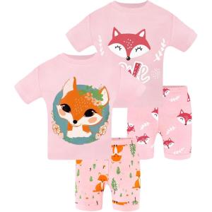 DAUGHTER QUEEN Girls Summer Pajamas Set 4 Pieces 100% Cotton Sleepwear Size 18 Months-12 Years(4pcs-pink-fox-sga24)