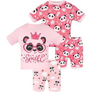DAUGHTER QUEEN Girls Summer Pajamas Set 4 Pieces 100% Cotton Sleepwear Size 18 Months-12 Years(4pcs-pink-panda-sga24)