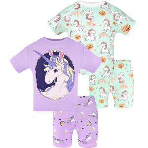 DAUGHTER QUEEN Girls Summer Pajamas Set 4 Pieces 100% Cotton Sleepwear Size 18 Months-12 Years(4pcs-purple/Green-unicorn-sga24)