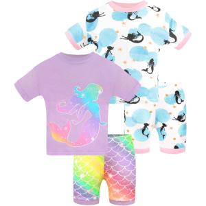 DAUGHTER QUEEN Girls Summer Pajamas Set 4 Pieces 100% Cotton Sleepwear Size 18 Months-12 Years(4pcs-purple-mermaid-sga25)