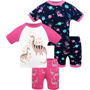 DAUGHTER QUEEN Girls Summer Pajamas Set 4 Pieces 100% Cotton Sleepwear Size 18 Months-12 Years(4pcs-rosepink/Navy-dinosaur-sga25)