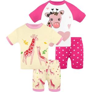 DAUGHTER QUEEN Girls Summer Pajamas Set 4 Pieces 100% Cotton Sleepwear Size 18 Months-12 Years(4pcs-rosepink/Yellow-giraffe-sga25)