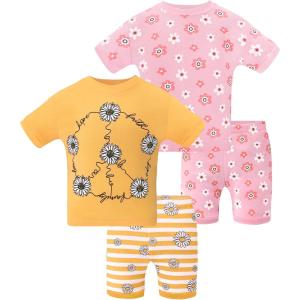 DAUGHTER QUEEN Girls Summer Pajamas Set 4 Pieces 100% Cotton Sleepwear Size 18 Months-12 Years(4pcs-yellow/Pink-flower-sga25)