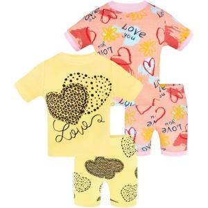 DAUGHTER QUEEN Girls Summer Pajamas Set 4 Pieces 100% Cotton Sleepwear Size 18 Months-12 Years(4pcs-yellow/Pink-heart-sga24)