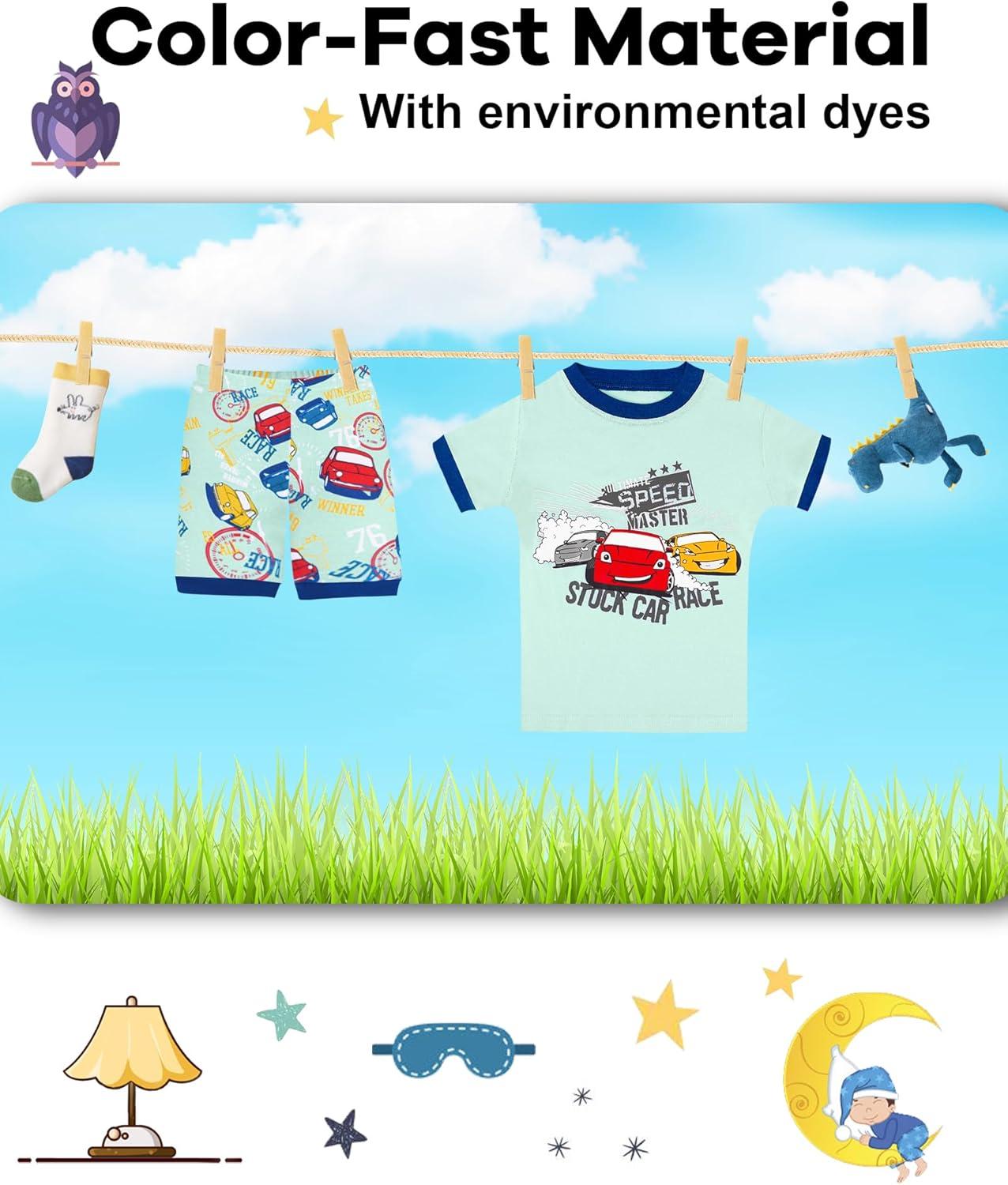 imageDAUGHTER QUEEN Boys Pajamas Toddler Summer PJs Kids Cars Sleepwear Organic Cotton Short Sleeve Pj Sets Children 4 Piece Jammies Race Cars Clothes Size 2T Age 2 Years Old