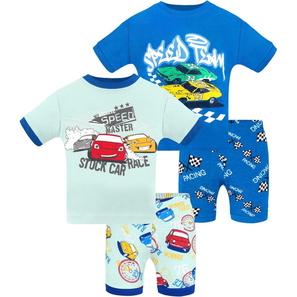 imageDAUGHTER QUEEN Boys Pajamas Toddler Summer PJs Kids Cars Sleepwear Organic Cotton Short Sleeve Pj Sets Children 4 Piece Jammies Race Cars Clothes Size 2T Age 2 Years Old