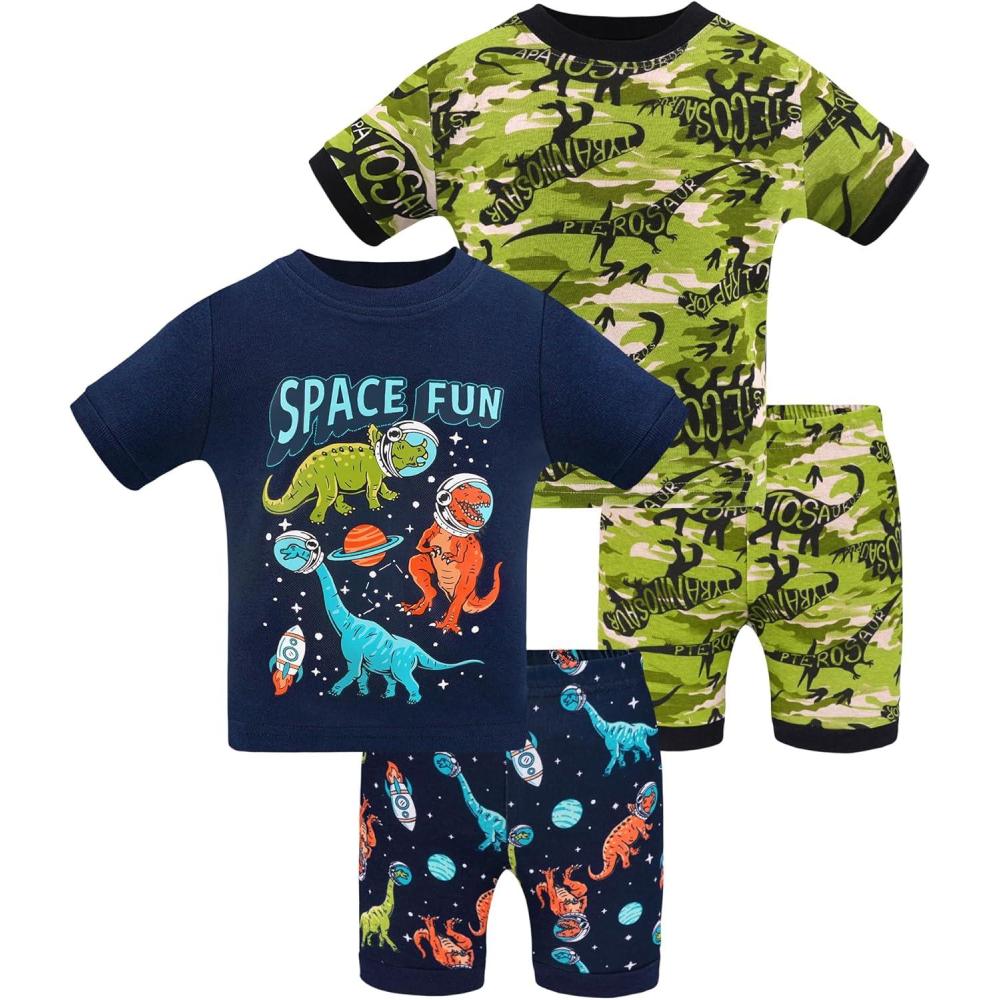 imageDAUGHTER QUEEN Boys Pajamas Toddler Summer PJs Kids Dinosaur Sleepwear 100 Organic Cotton Short Sleeve Pj Sets Children 4 Piece Jammies Dino Clothes Size 2T Age 2 Years