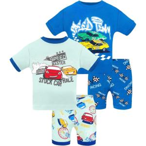DAUGHTER QUEEN Boys Pajamas Toddler Summer PJs Kids Cars Sleepwear Organic Cotton Short Sleeve Pj Sets Children 4 Piece Jammies Race Cars Clothes Size 2T Age 2 Years Old