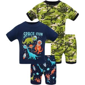 DAUGHTER QUEEN Boys Pajamas Toddler Summer PJs Kids Dinosaur Sleepwear 100% Organic Cotton Short Sleeve Pj Sets Children 4 Piece Jammies Dino Clothes Size 2T Age 2 Years