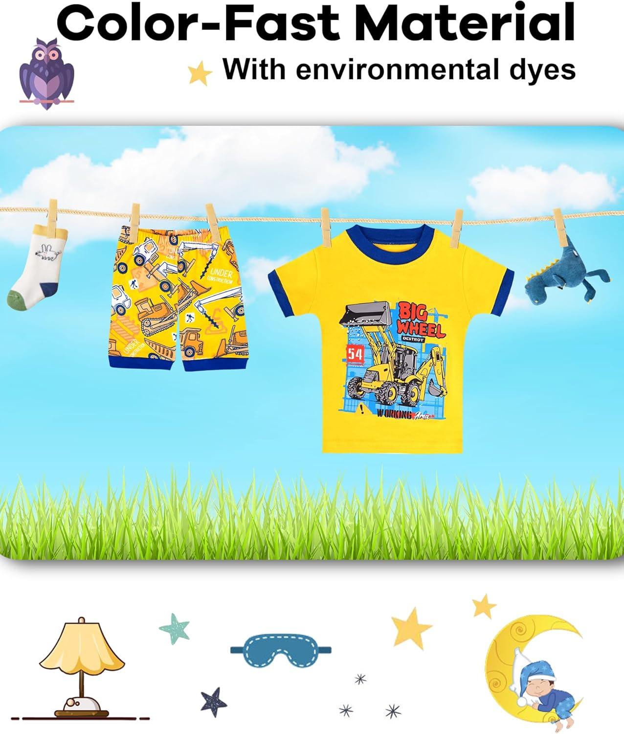 imageDAUGHTER QUEEN Boys Pajamas Toddler Summer PJs Kids Excavator Sleepwear 100 Cotton Short Sleeve Pj Sets Children 4 Piece Jammies Construction Clothes Size 2T Age 2 Years