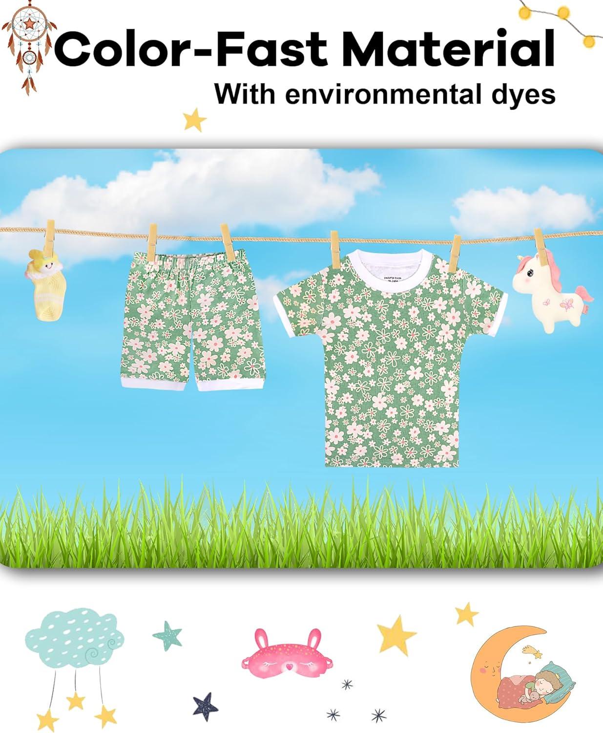 imageDAUGHTER QUEEN Girls Pajamas Toddler Summer PJs Kids Flower Sleepwear 100 Cotton Short Sleeve Pj Sets Children 4 Piece Jammies Floral Clothes Size 2T Age 2 Year