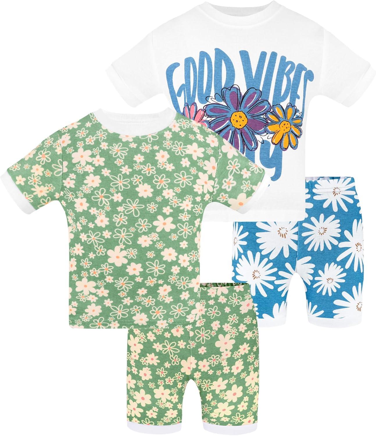 imageDAUGHTER QUEEN Girls Pajamas Toddler Summer PJs Kids Flower Sleepwear 100 Cotton Short Sleeve Pj Sets Children 4 Piece Jammies Floral Clothes Size 2T Age 2 Year