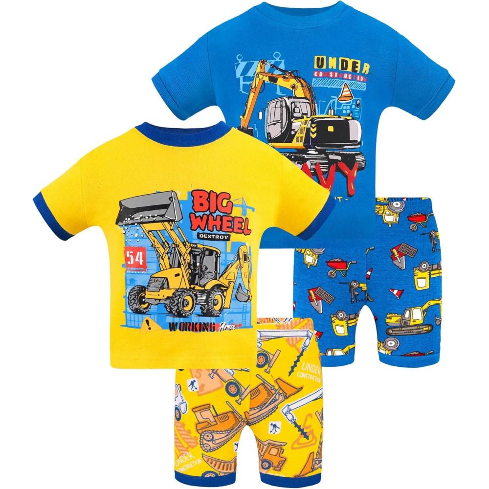 imageDAUGHTER QUEEN Boys Pajamas Toddler Summer PJs Kids Excavator Sleepwear 100 Cotton Short Sleeve Pj Sets Children 4 Piece Jammies Construction Clothes Size 2T Age 2 Years