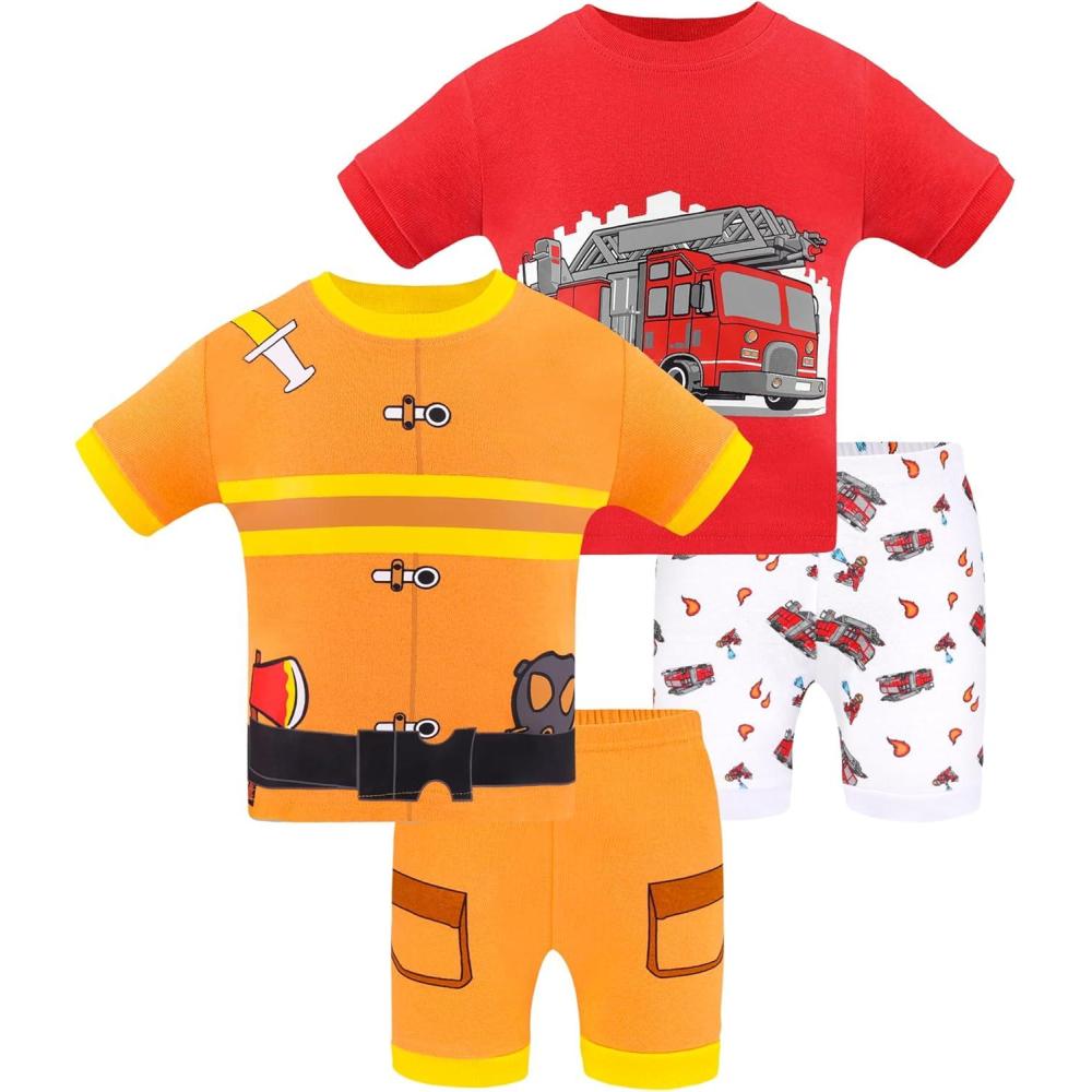 imageDAUGHTER QUEEN Boys Pajamas Toddler Summer PJs Kids Fire Truck Sleepwear 100 Cotton Short Sleeve Pj Sets Children 4 Piece Jammies Fireman Clothes Size 2T Age 2 Year