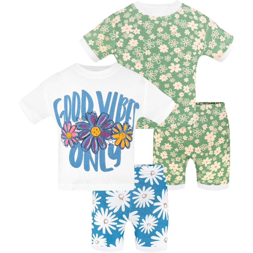 imageDAUGHTER QUEEN Girls Pajamas Toddler Summer PJs Kids Flower Sleepwear 100 Cotton Short Sleeve Pj Sets Children 4 Piece Jammies Floral Clothes Size 2T Age 2 Year