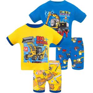 DAUGHTER QUEEN Boys Pajamas Toddler Summer PJs Kids Excavator Sleepwear 100% Cotton Short Sleeve Pj Sets Children 4 Piece Jammies Construction Clothes Size 2T Age 2 Years