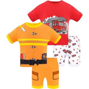 DAUGHTER QUEEN Boys Pajamas Toddler Summer PJs Kids Fire Truck Sleepwear 100% Cotton Short Sleeve Pj Sets Children 4 Piece Jammies Fireman Clothes Size 2T Age 2 Year