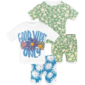 DAUGHTER QUEEN Girls Pajamas Toddler Summer PJs Kids Flower Sleepwear 100% Cotton Short Sleeve Pj Sets Children 4 Piece Jammies Floral Clothes Size 2T Age 2 Year