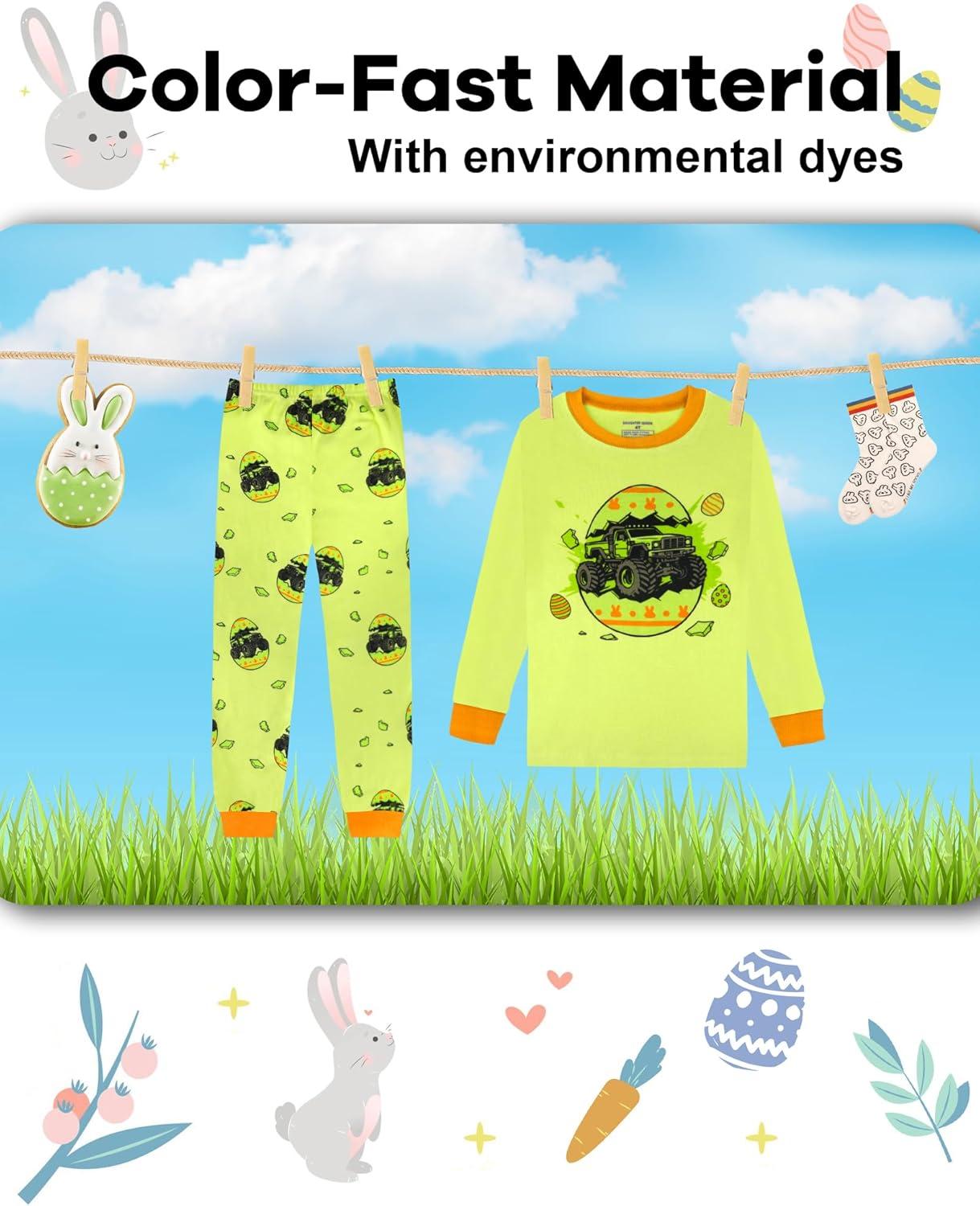 imageDAUGHTER QUEEN Boys Pajamas 4 Pieces Long Set 100 Cotton Sleepwear Size 18 Months12 YearsMonster TruckEaster EggsGreenlba25