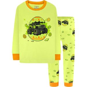 DAUGHTER QUEEN Boys Pajamas 4 Pieces Long Set 100% Cotton Sleepwear Size 18 Months-12 Years(Monster Truck/Easter Eggs/Green-lba25)