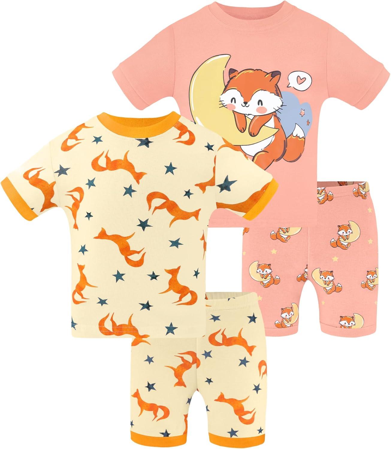 imageDAUGHTER QUEEN Girls Summer Pajamas Set 4 Pieces 100 Cotton Sleepwear Size 18 Months12 Years4pcsorange PinkYellowfoxsga25