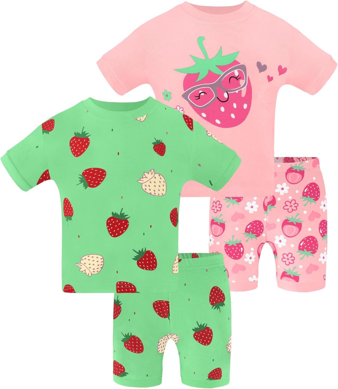 imageDAUGHTER QUEEN Girls Summer Pajamas Set 4 Pieces 100 Cotton Sleepwear Size 18 Months12 Years4pcspinkGreenstrawberrysga25