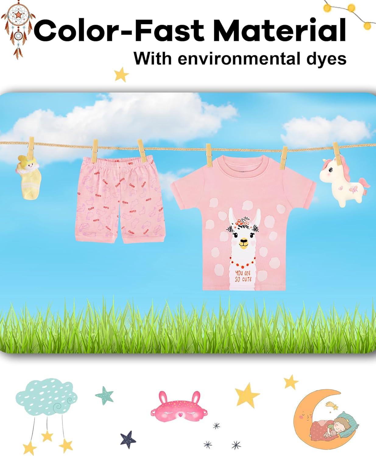imageDAUGHTER QUEEN Girls Summer Pajamas Set 4 Pieces 100 Cotton Sleepwear Size 18 Months12 Years4pcspinkYellowllamasga24