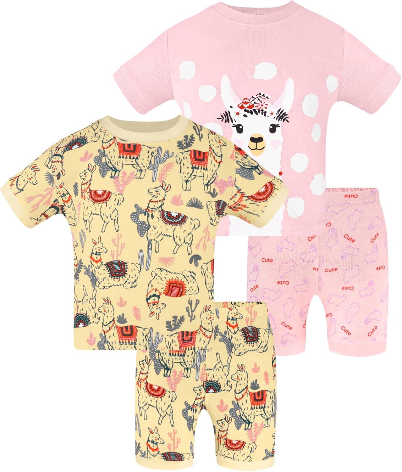 imageDAUGHTER QUEEN Girls Summer Pajamas Set 4 Pieces 100 Cotton Sleepwear Size 18 Months12 Years4pcspinkYellowllamasga24