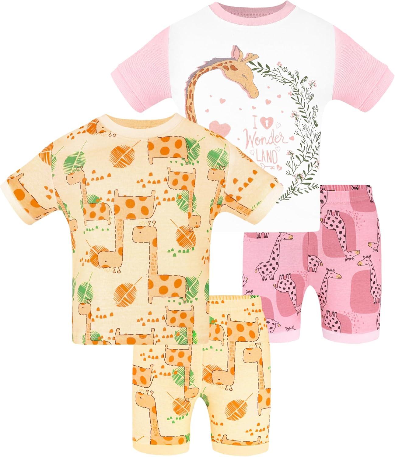 imageDAUGHTER QUEEN Girls Summer Pajamas Set 4 Pieces 100 Cotton Sleepwear Size 18 Months12 Years4pcsyellowPinkgiraffesga24