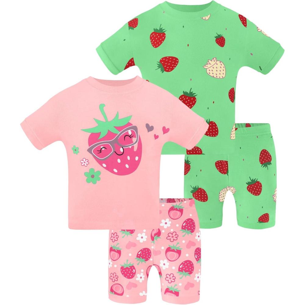 imageDAUGHTER QUEEN Girls Summer Pajamas Set 4 Pieces 100 Cotton Sleepwear Size 18 Months12 Years4pcspinkGreenstrawberrysga25