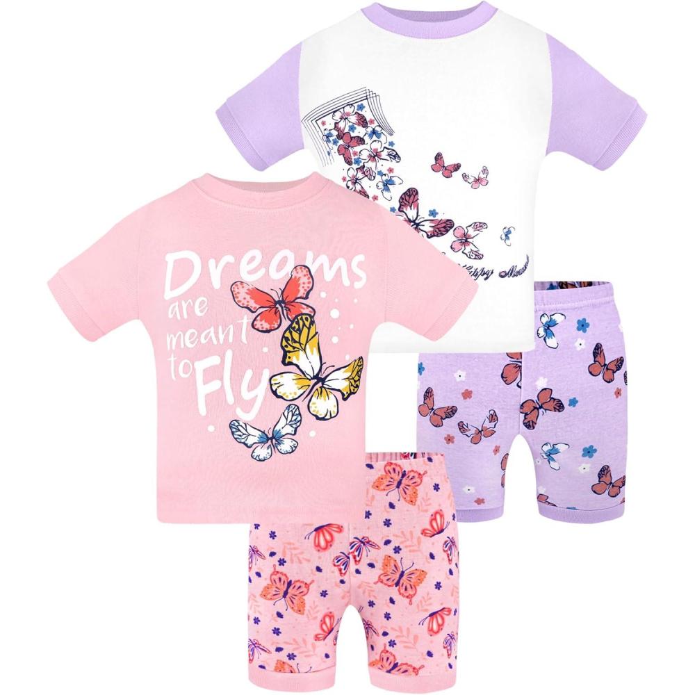 imageDAUGHTER QUEEN Girls Summer Pajamas Set 4 Pieces 100 Cotton Sleepwear Size 18 Months12 Years4pcspinkPurplebutterflysga24