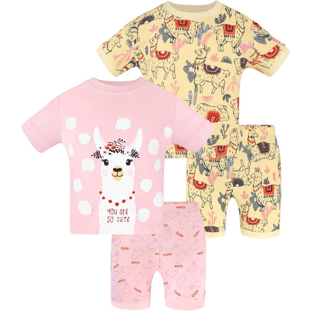 imageDAUGHTER QUEEN Girls Summer Pajamas Set 4 Pieces 100 Cotton Sleepwear Size 18 Months12 Years4pcspinkYellowllamasga24
