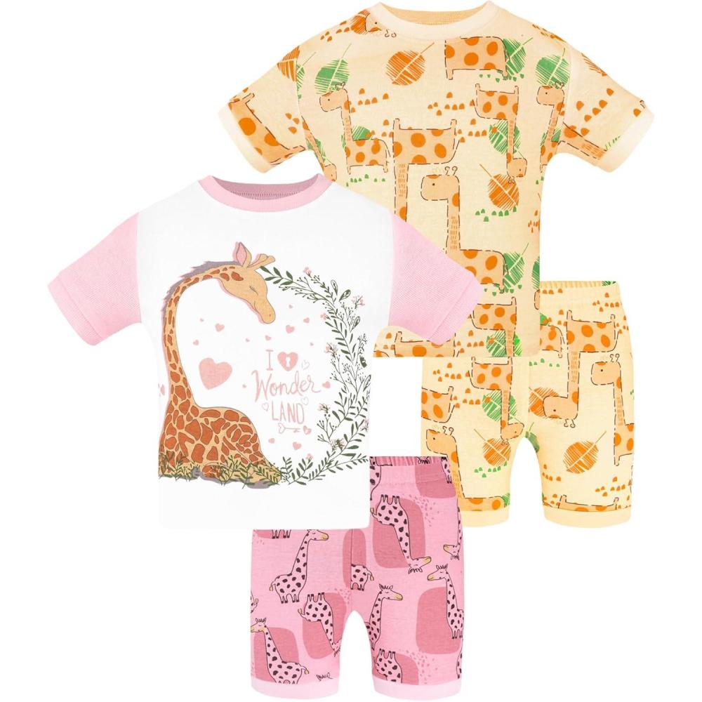 imageDAUGHTER QUEEN Girls Summer Pajamas Set 4 Pieces 100 Cotton Sleepwear Size 18 Months12 Years4pcsyellowPinkgiraffesga24