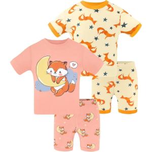 DAUGHTER QUEEN Girls Summer Pajamas Set 4 Pieces 100% Cotton Sleepwear Size 18 Months-12 Years(4pcs-orange Pink/Yellow-fox-sga25)