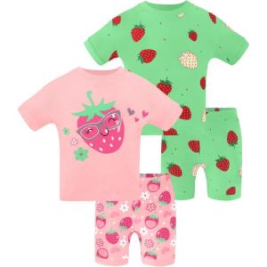 DAUGHTER QUEEN Girls Summer Pajamas Set 4 Pieces 100% Cotton Sleepwear Size 18 Months-12 Years(4pcs-pink/Green-strawberry-sga25)